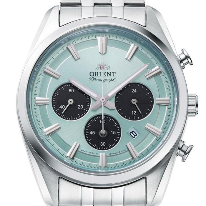 Orient STRETO Solar Chronograph 40mm Sky Blue Dial Steel Strap Men's Watch RA-TX0304L10B, Sky Blue
