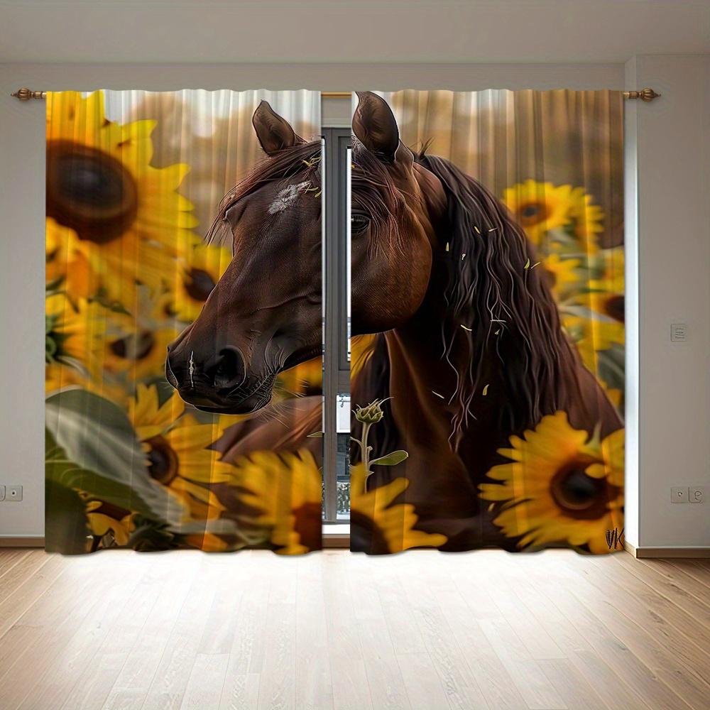 2 Pieces Horse Flower Pattern Digital Printed Curtains for Living Room Kitchen Bedroom Study Dining Room Window Home Decor