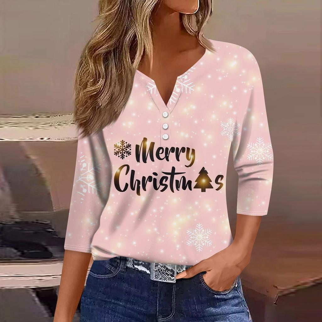 Жен. Футболка Футболка С принтом Пуговицы Рукав 3/4 Повседневные Выходные Мода Классический V-образный вырез Обычный Топ