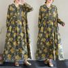 Настоящее весенне-летнее новое ретро-платье из хлопка и льна с принтом, свободное повседневное платье с воротником-грибком и длинными рукавами, с большими складками