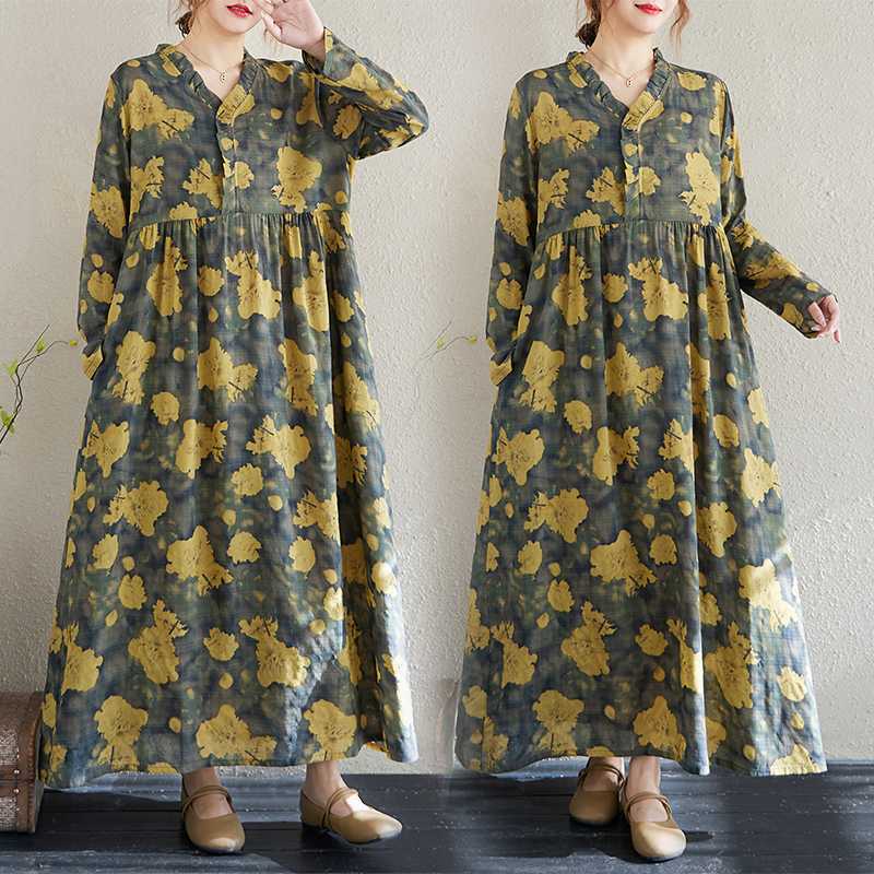 Настоящее весенне-летнее новое ретро-платье из хлопка и льна с принтом, свободное повседневное платье с воротником-грибком и длинными рукавами, с большими складками