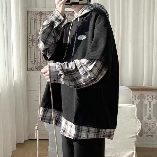 Мужская весенняя рубашка, дышащая искусственная двухсекционная свободная пуловер с длинными рукавами, теплая мужская осенняя рубашка с капюшоном и шнурком средней длины, мужская одежда