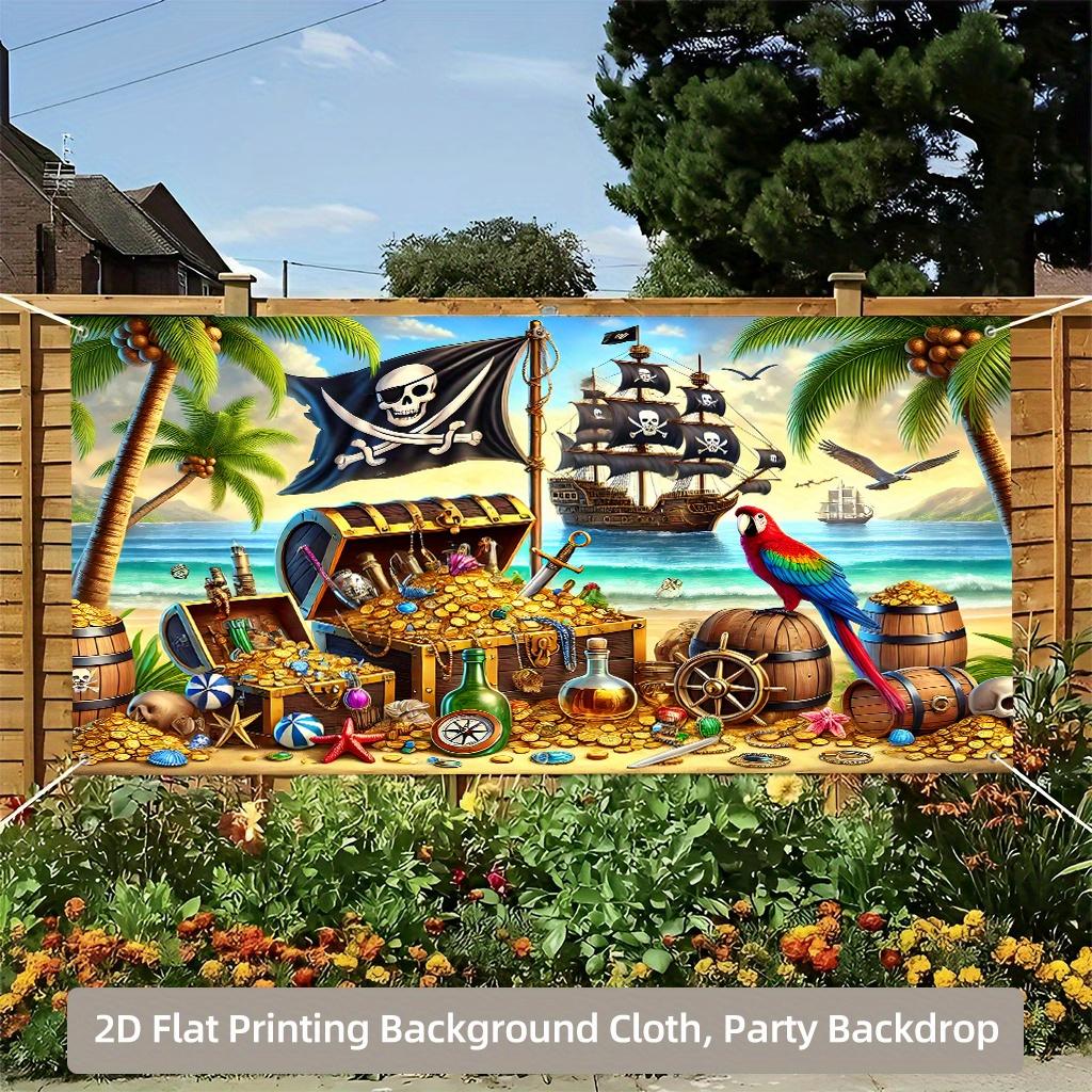 Garage banner - 2D flat printing, banner, beautiful scene of pirates' treasure and seagulls soaring, garage background c