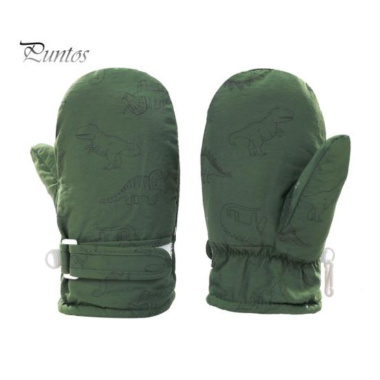1 Pair Children Winter Mittens Thick Plush-lined Windproof Cartoon Dinosaur Cold Weather Outdoor Gloves Adjustable Fasten Strap Anti-Slip Ski Gloves