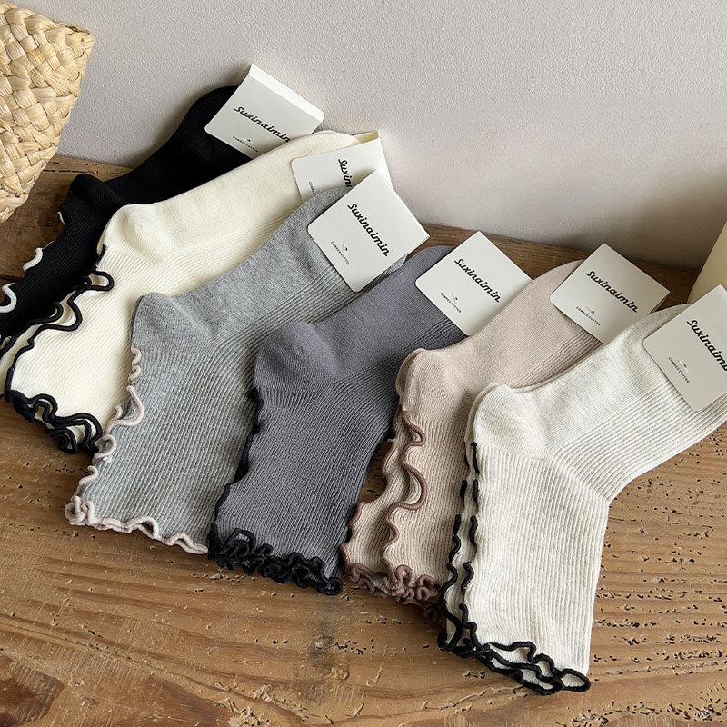 Носки с кружевом «черный гриб» для женщин, носки до середины икры для весны и осени, носки кофейного цвета для осени и зимы