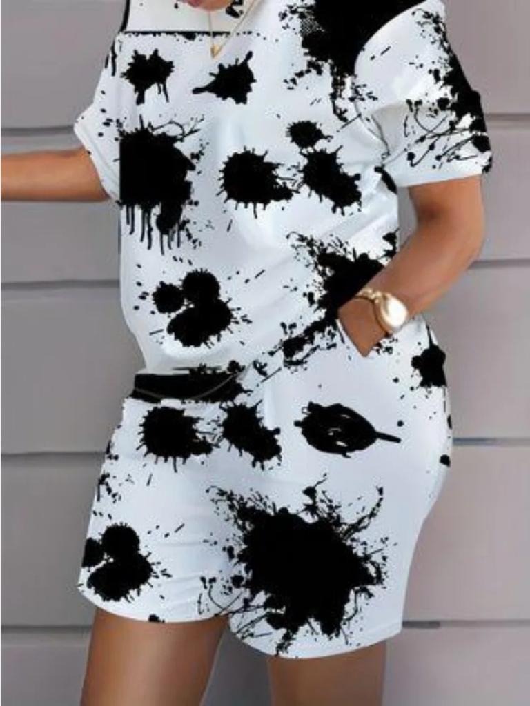 Летние красочные принты женские комплекты из двух частей повседневные футболки с коротким рукавом и круглым вырезом и шорты домашняя одежда шорты с коротким рукавом из двух частей