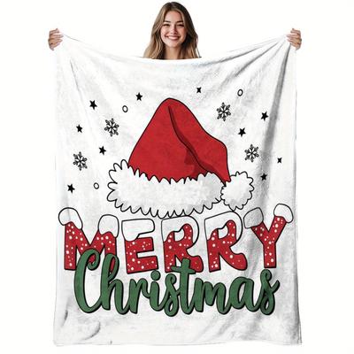 1pc Merry Christmas Flannel Blanket | Soft, Warm, Santa Hat Snowflake Design, Polyester, 280gsm, All-Season Use, Ideal for Sofa, Bedroom, Office | Chr
