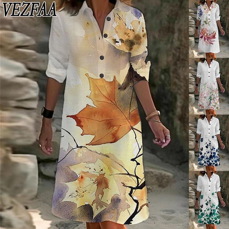 VEZFAA Женская мода весна осень цветочный узор принт длинный рукав воротник поло свободная талия повседневные платья