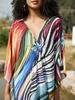 EDOLYNSA Colorful Striped Print Plus Size Retro Kaftan V-neck Side Split House Dress 2024 Summer Women's Beach Swimsuit Cover Up Q1628