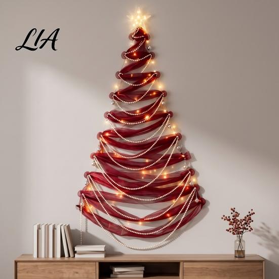 Creative Holiday Wall Hanging DIY Lighted Christmas Tree Decor Kit, Fabric Ornament Set Space Saving for Window Wall, Handmade Craft with LED