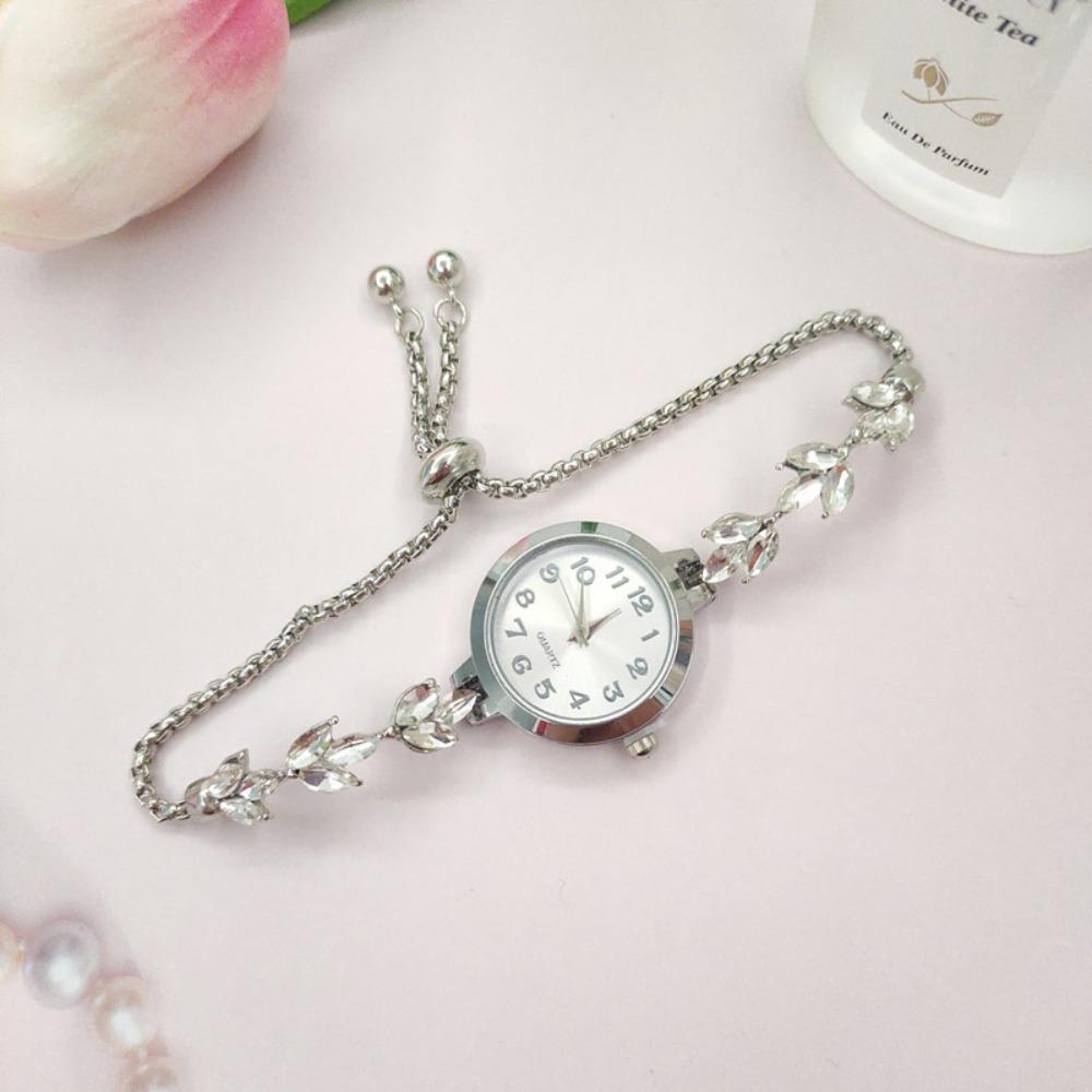 Numeral Dial Women Bracelet Watch Violet Leaves Diamond Setting Elegant Quartz Watch Round Alloy Case Adjustable Luxury Watch