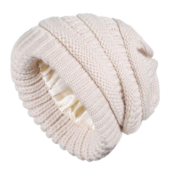 Yousheng Women Knitting Hat Solid Color Ear Protection Thickened Warm Satin Lining Pile Hat Winter Outdoor Riding Headgear