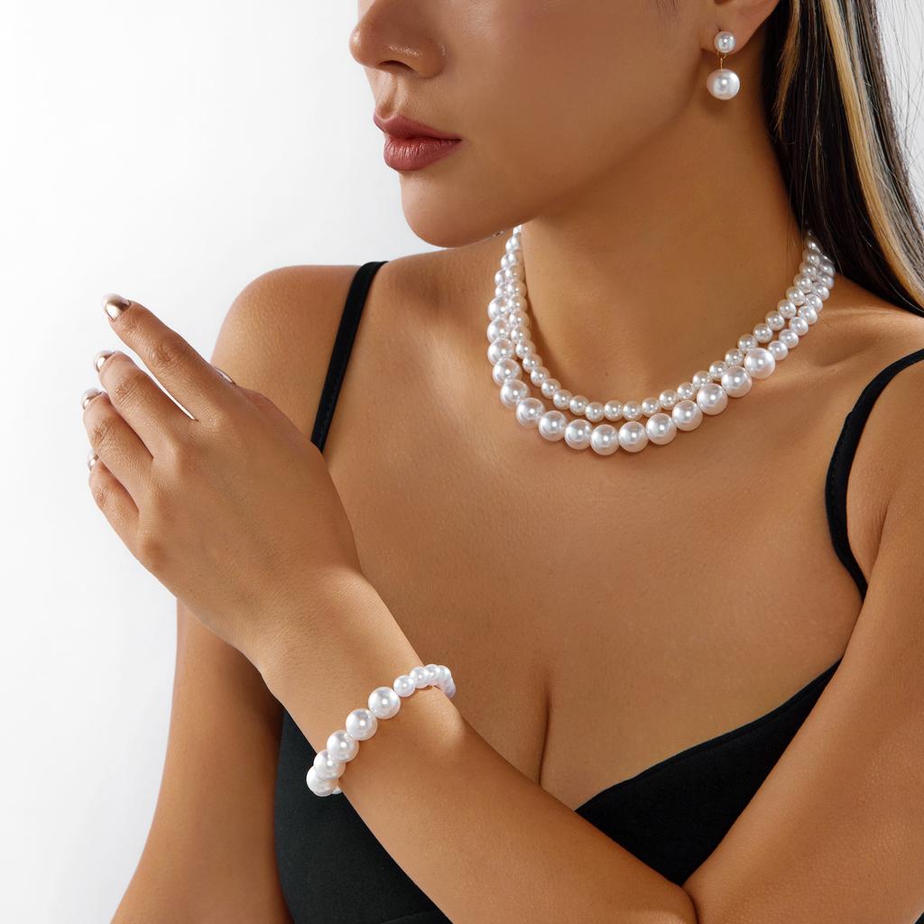 Rinhoo Elegant Imitation Pearl Jewelry Set for Women Versatile Necklace Bracelet Earrings Bridal Wedding Party Jewelry