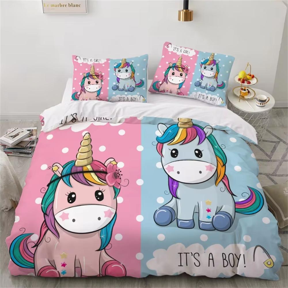 Children Bedding Sets Gifts Unicorn and Colorful Horse Printing Duvet Cover Sets for Kids Girls Boys 2/3 Pcs Single Pink Quilts