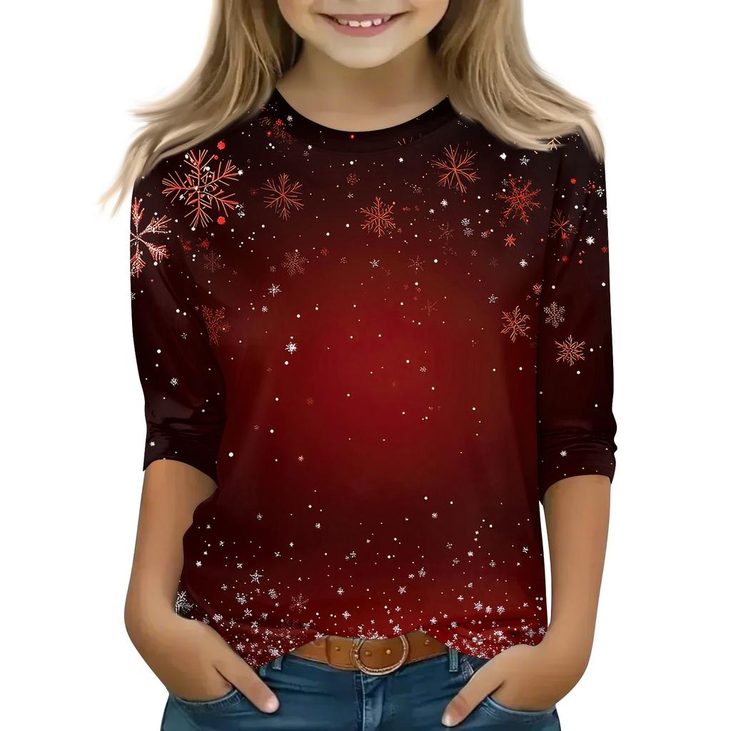 Children's 3/4 Sleeve Tops Casual Christmas Print T Shirt Round Neck Pullover Blouse