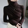 Pleated Half Turtleneck Bottoming Shirt for Women Tshirts Long Sleeve Slim Tops