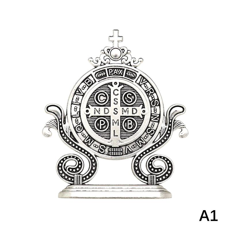 Cross Craft Ornament Enamel Metal Saint Benedict Statue Car Home Office Table Decoration Religious Blessing Decor