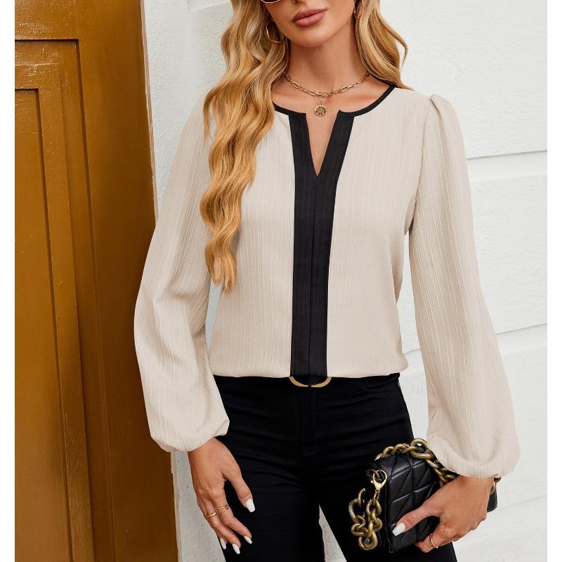 Весенняя женская новая рубашка-топ с V-образным вырезом и длинными рукавами в тон