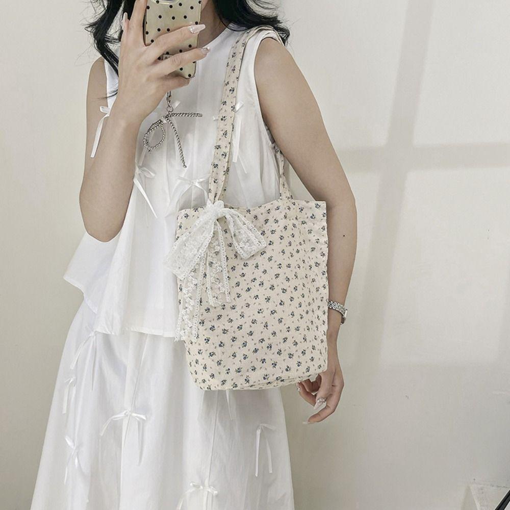 French Style Bow Lace Ribbons Bag Large Capacity Women's Tote Bag New Flower Shoulder Bag Lady