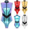 Womens Fashion Color Block Bodysuit Zipper Stand Collar Leotard Metallic Shiny Sleeveless Catsuit for Party Club Music Festival