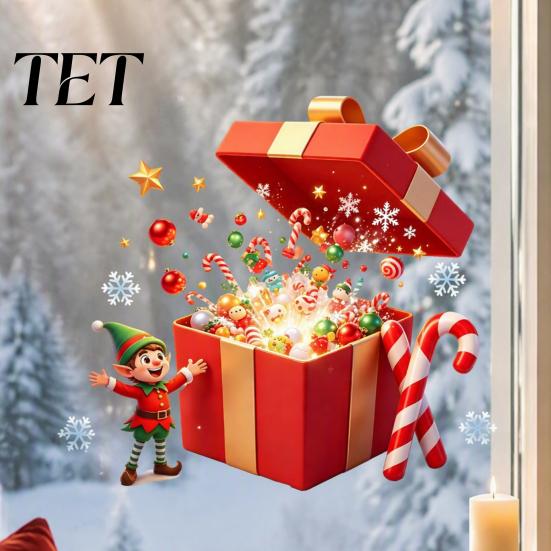 Holiday Scene Layout Christmas Elf Gift Box Static Window Clings, Reusable Stickers, Themed Decorations Candy Cane Snowflake Glass Stickers