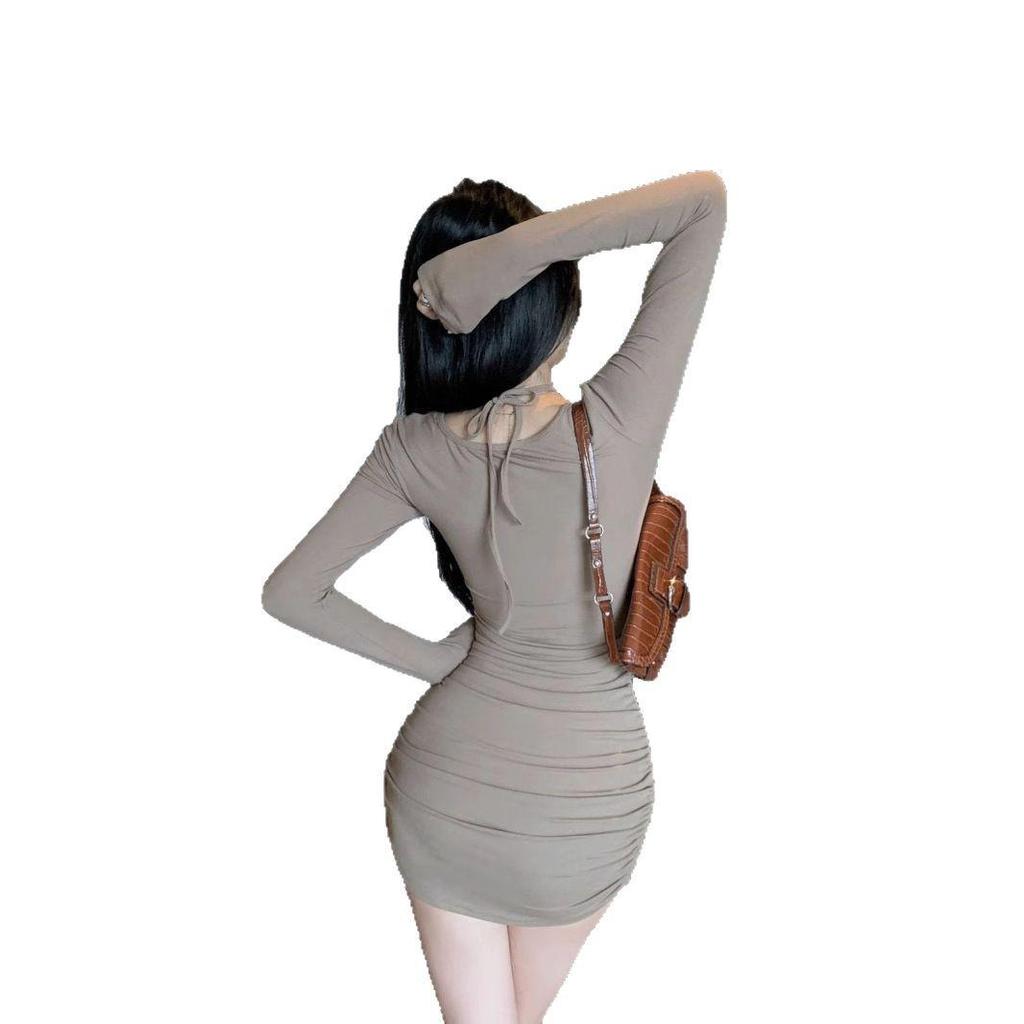 2025 Весна и Осень Французское Ретро Сексуальное Облегающее Платье на Кулиске для Женщин