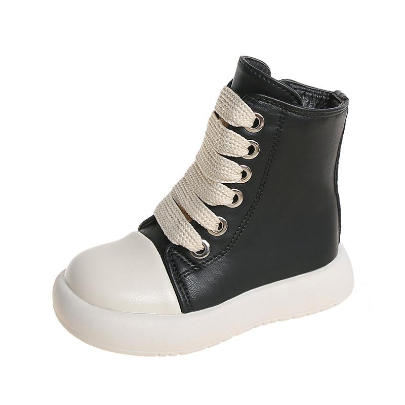 Винтажная дизайнерская детская обувь, модные высокие кроссовки на платформе, черные кожаные, повседневные, для девочек и мальчиков, массивные кроссовки