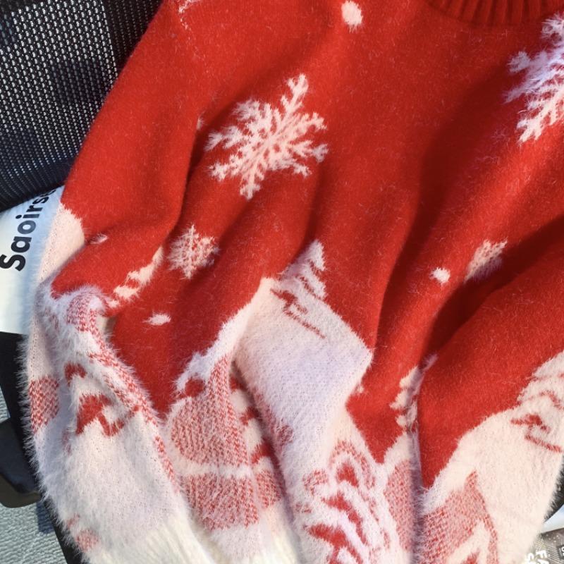 Winter New Cute Print Loose Christmas Pullovers Sweater Women Tops O Neck Long Sleeve Vintage Knitted Sweater Woman Casual Fashion Lady Jumpers 25513