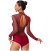 Womens Gymnastics Figure Skating Leotard Long Sleeve Sheer Mesh Sparkle Rhinestone Bodysuit