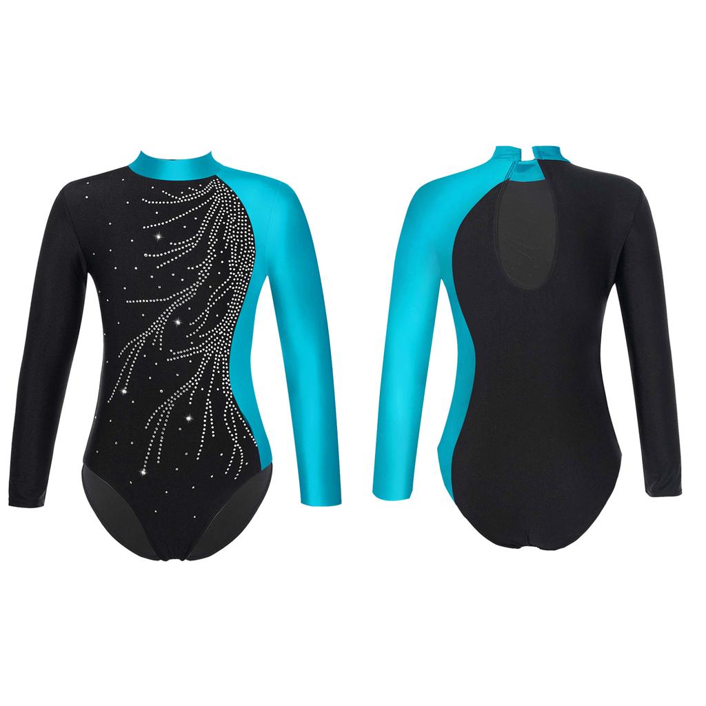 Танцевальные купальники для девочек, гимнастические наряды, блестящая детская цельная танцевальная одежда с длинными рукавами, украшенная бриллиантами