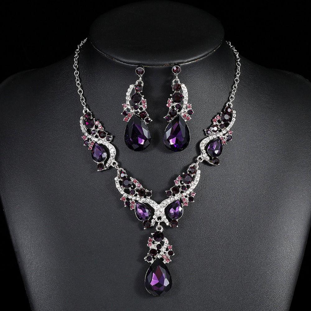 Exaggerated Rhinestone Jewelry Set Crystal Women's Necklace Water Drop Necklace Earrings Set  Women