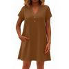 Women's Fashionable Solid Color V Neck Button Short Sleeved Pullover Dress