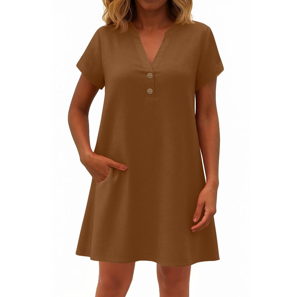 Women's Fashionable Solid Color V Neck Button Short Sleeved Pullover Dress