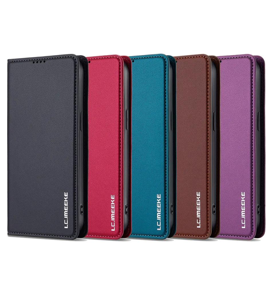 Прочный Кошелек-книжка с Магнитными Слотами для Карт из Кожи для iPhone 16 Pro Max 16E 15 14 13 12 11 Флип Тонкая Сумка Бизнес Карманный Чехол