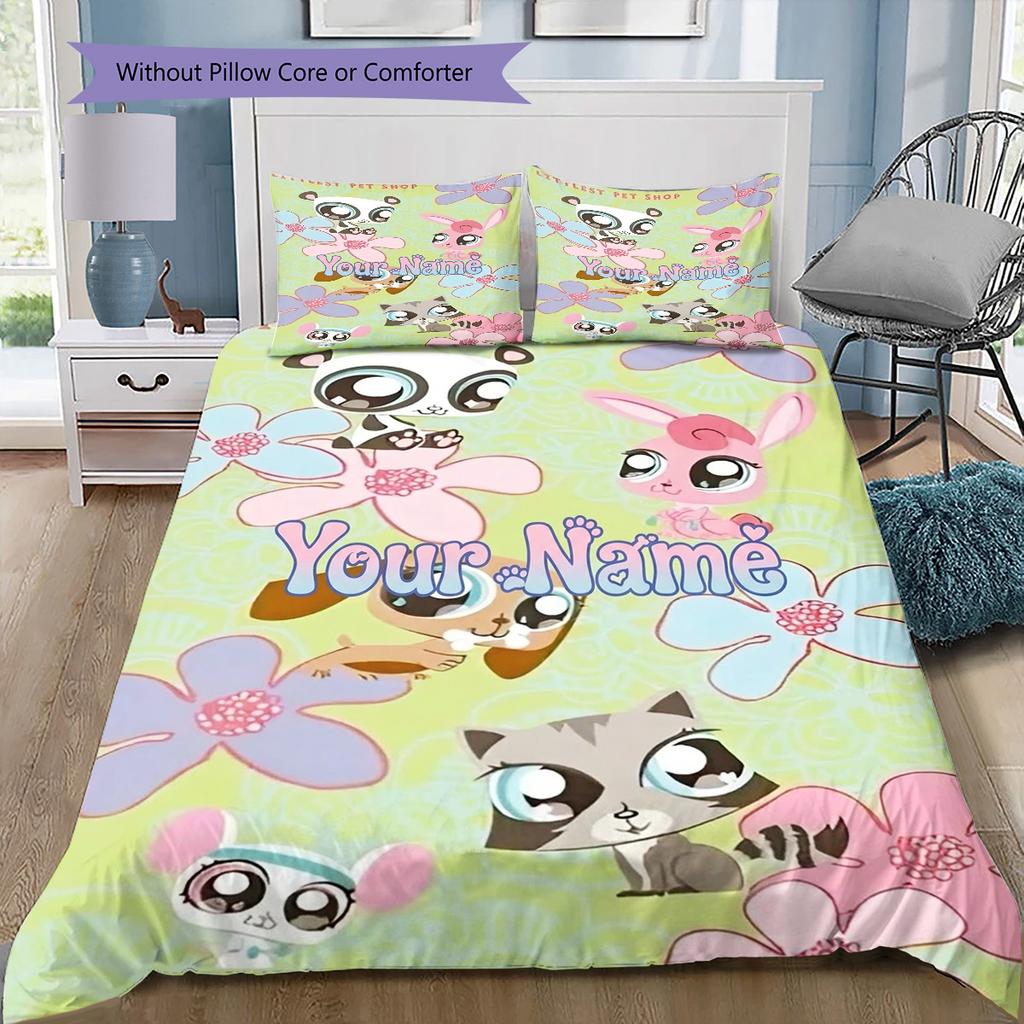 Littlest Pet Shop Custom Name Pattern Bedding Quilt Set Quilt Cover Pillowcase Home Birthday Gift(1 * duvet cover + 2 * pillowcase, without core)