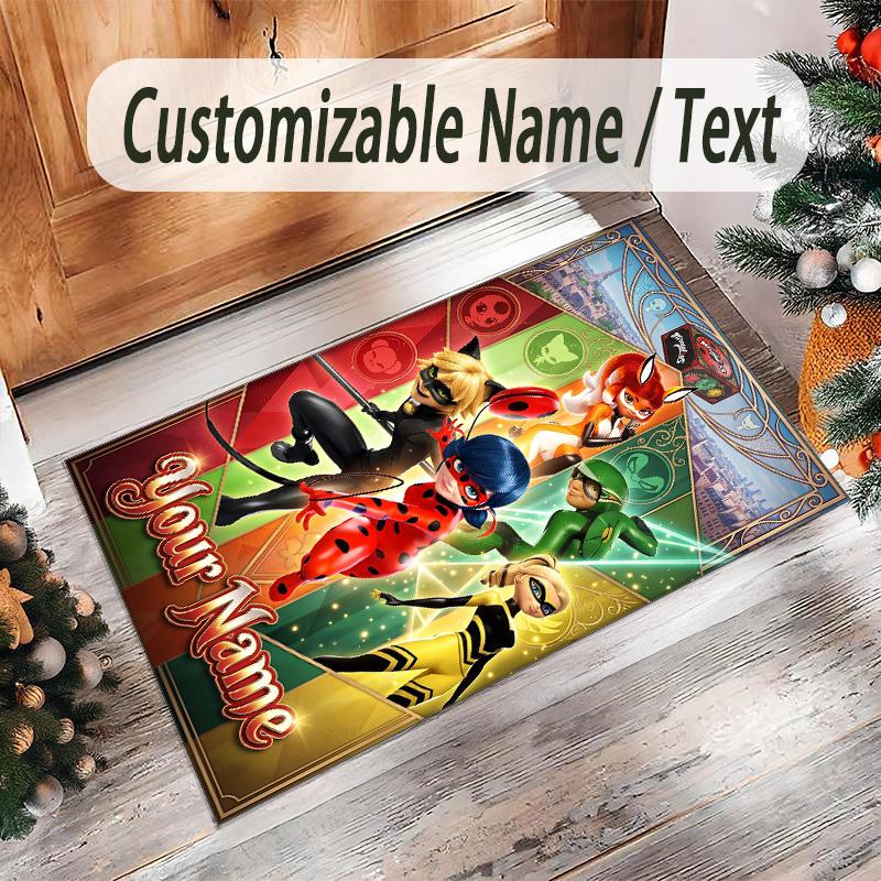 Personalized Crystal Velvet Carpet Custom Name Text,Miraculous Ladybug Anti Slip Area Rug For Home Decoration