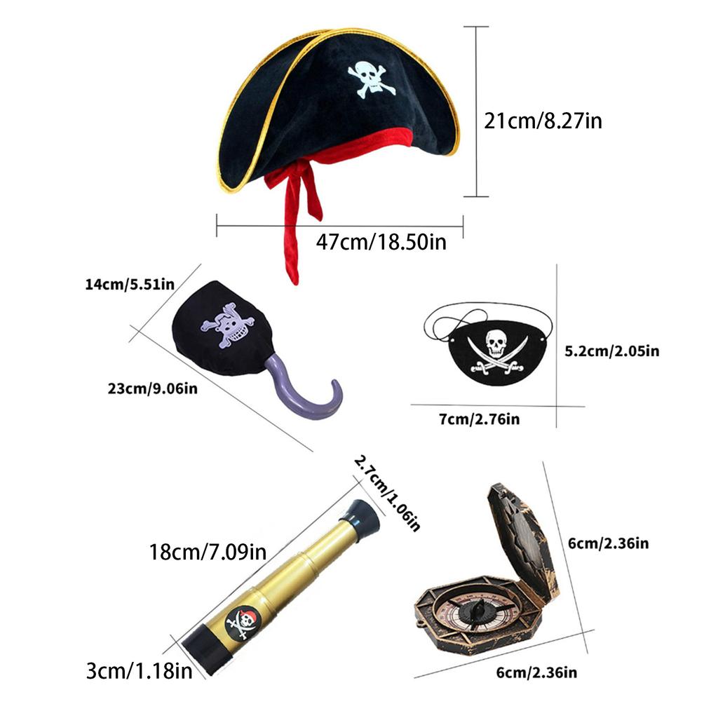 Pirate Compass Skull Print Hat Costume Kits for Treasure Hunt Stylish Role Play Accessories for Halloween Party