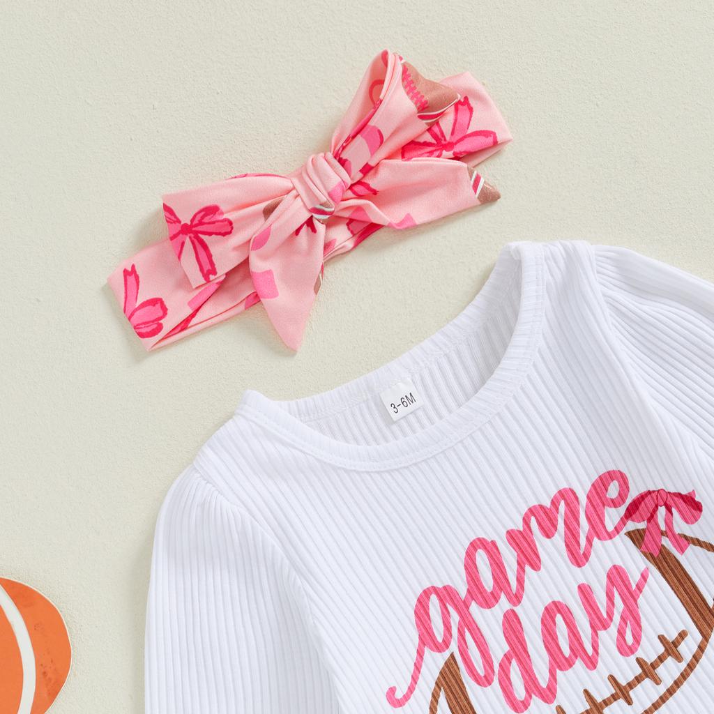 Осенний комплект одежды для девочек, комбинезон с длинными рукавами и принтом букв, расклешенные брюки регби с бантом и повязка на голову