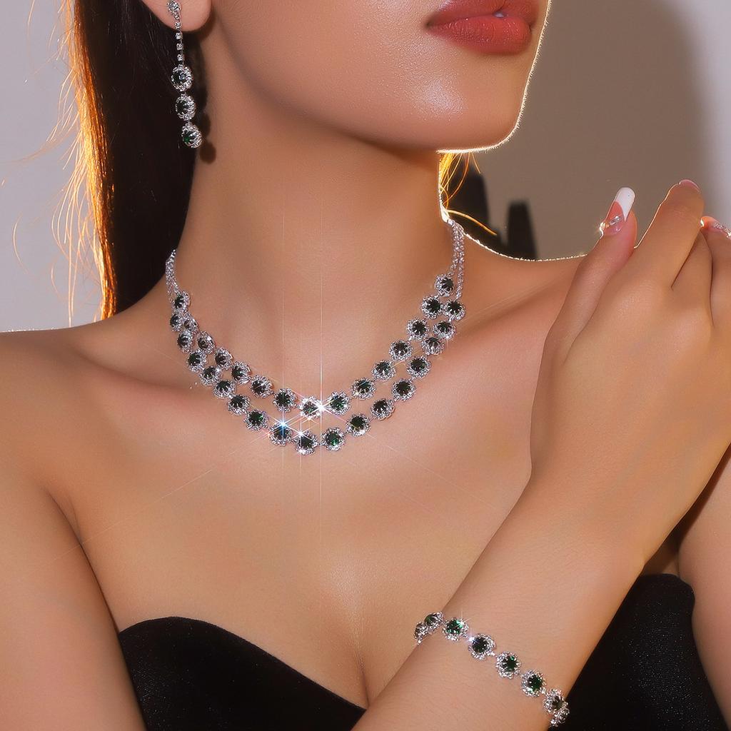 Fashion Shiny Rhinestone Necklace Earrings Bracelet Set, Luxury Temperament Necklace Earrings 3-piece Set
