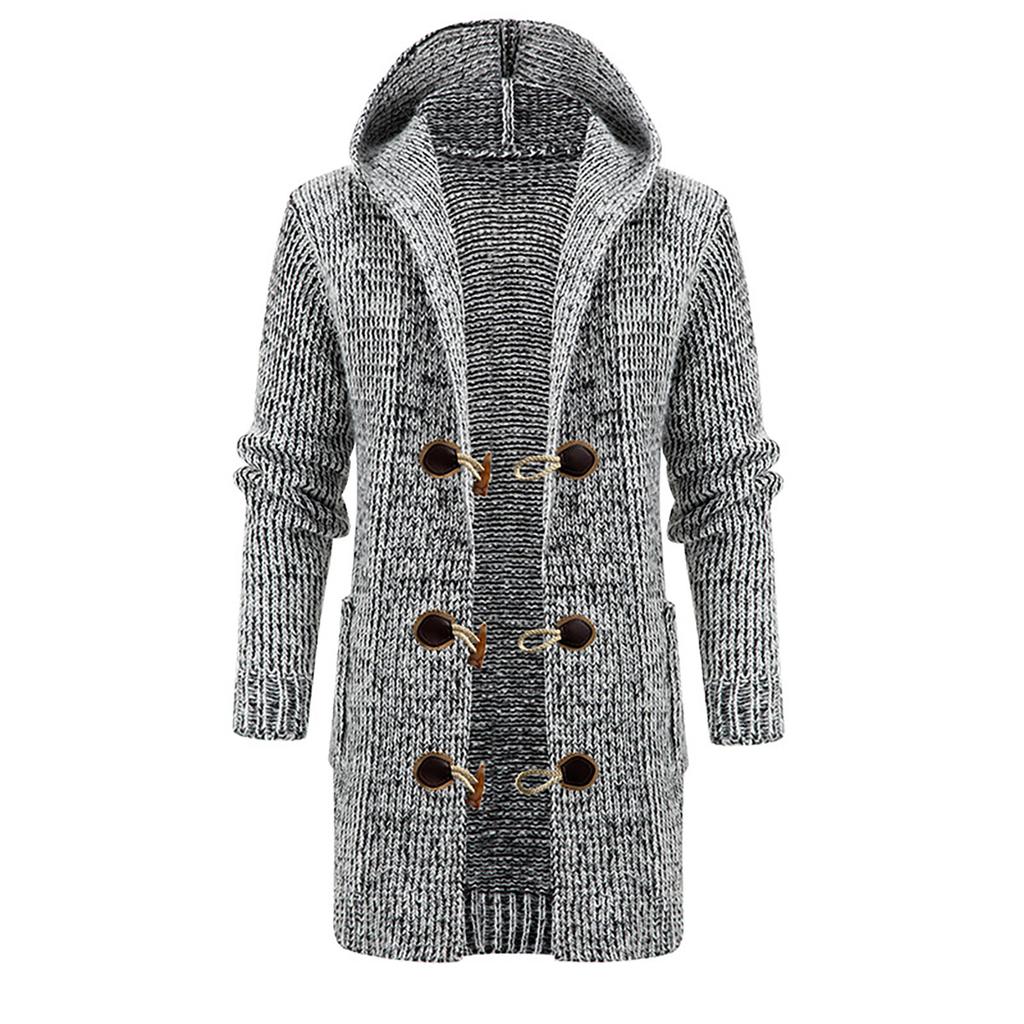 Men's Solid Color Knitted Coat Hooded Long Windbreaker Button Cardigan Medium Length Sweater