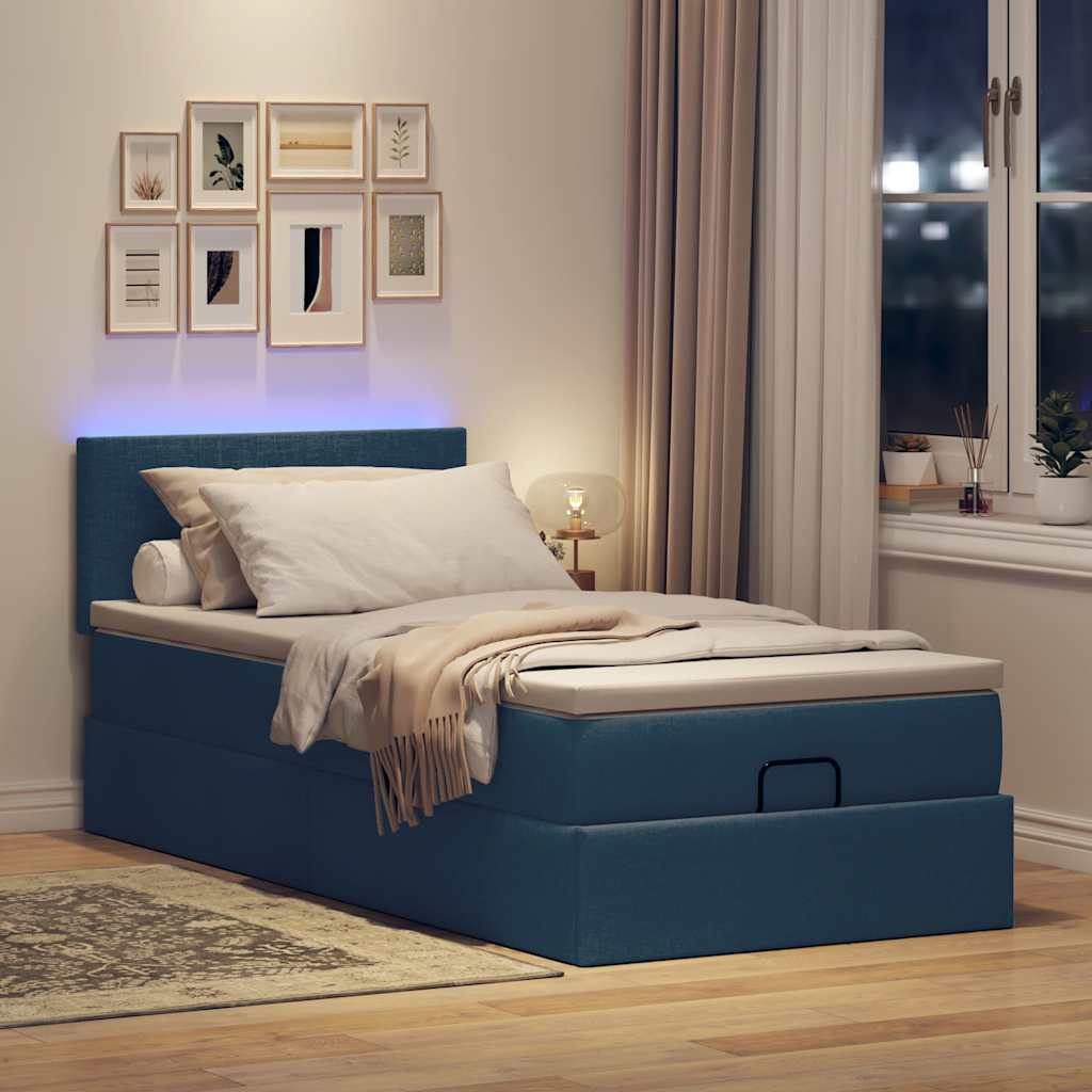 Ottoman Bed with Mattress & LEDs Blue 90x190 cm Fabric