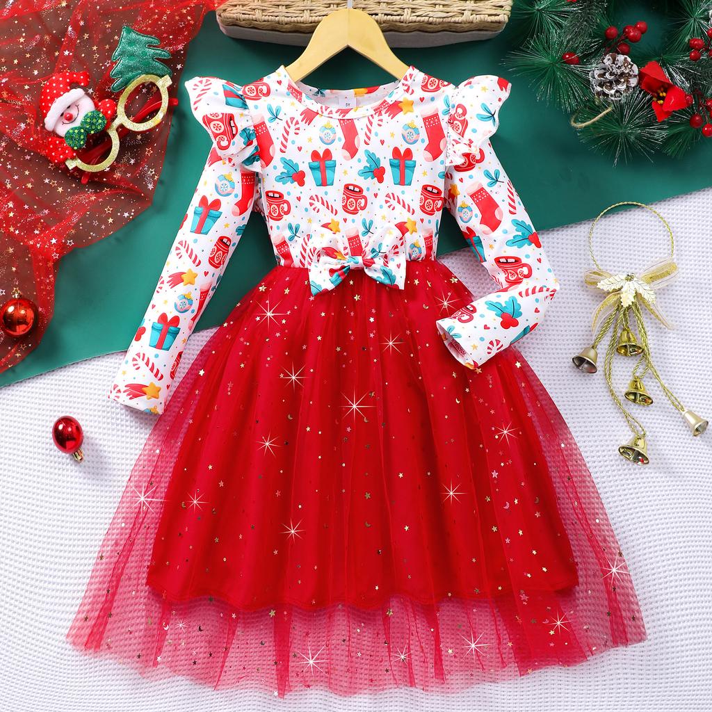 Girls Fashion Long-sleeved Round Neck Fishscale Mesh Dress Spring Summer Casual Dress for Children