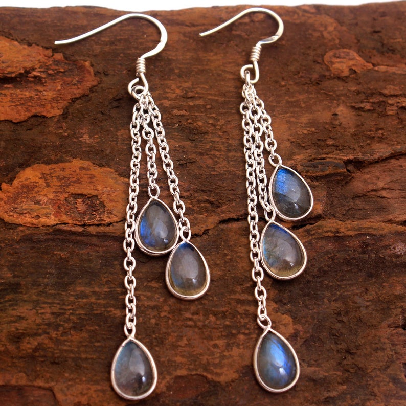 Лабрадорит драгоценный камень стерлингового серебра 925 пробы ювелирные изделия ручной работы женщины мотаться серьги