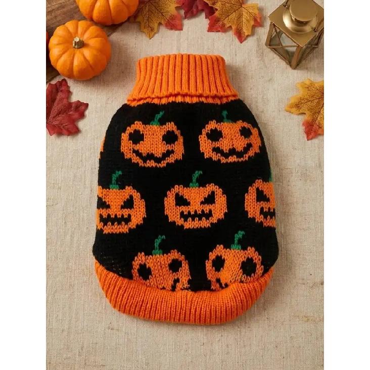 1pc Pumpkin Face Printed Pet Sweater Small And Medium Sized Dog Halloween Ghost Festival Color Blocked Warm Knitted Sweater Pet Clothing