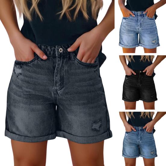 Женские джинсовые шорты с высокой талией и рваными манжетами, летние потертые эластичные шорты