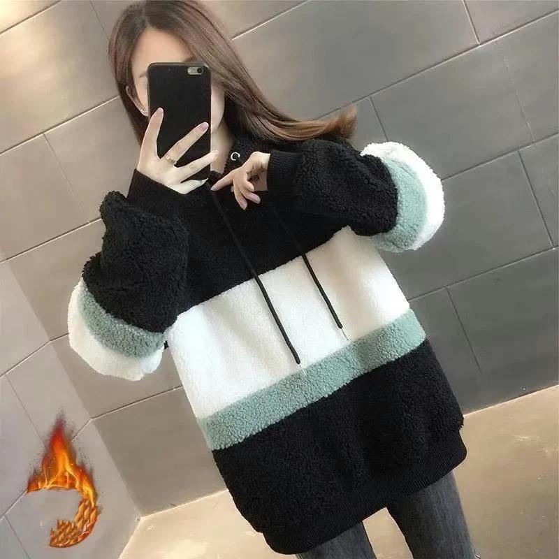 Женское осенне-зимнее свободное и толстое теплое худи из овечьей шерсти с флисом