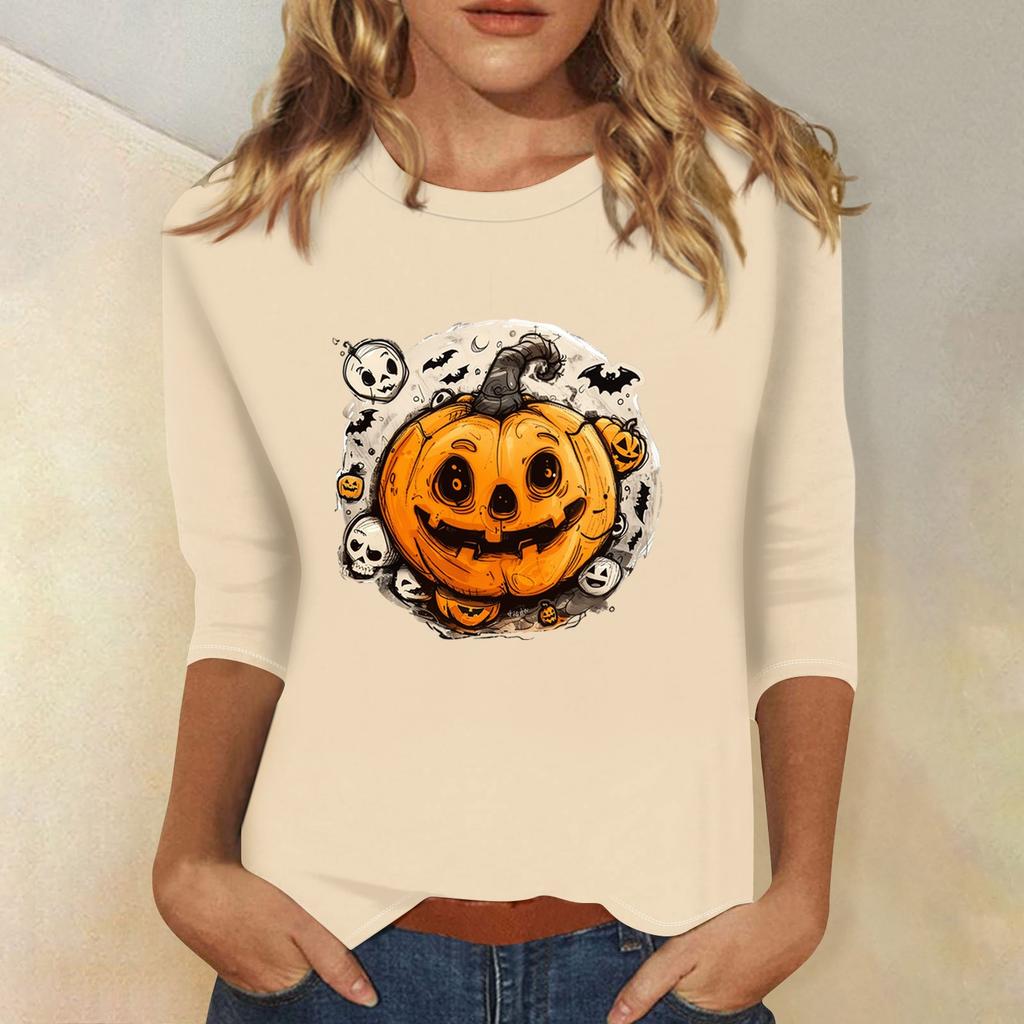 Women's Fashion Casual Three-quarter Sleeve Halloween Printed Round Neck Top