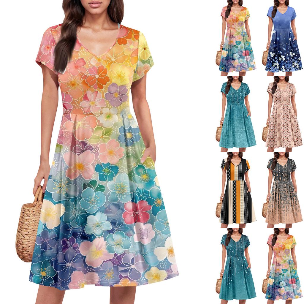 Womens Summer Dress Short Sleeve V Neck Short Dresses Fashion Casual Flowy A Line Swing Sundress With Pocket