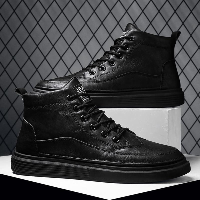 Весна 2025 г. Мужские повседневные кожаные туфли с высоким берцем в британском стиле — модные деловые туфли черного цвета на толстой подошве