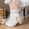 Lolita Great Quality Block High Heels Women Ankle Boots White Shoes Lace Decor Lace Up Chunky Heeled Bow Boots for Women